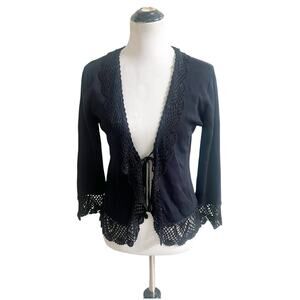 Joseph A. Vintage Knitted Cardigan Size Small Black Crochet Tie Front Whimsygoth